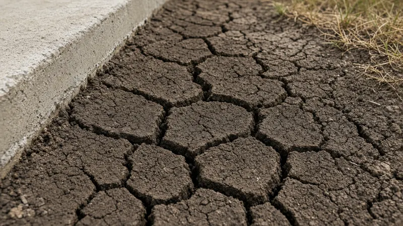 Dry, cracked clay soil beside the concrete edge of a house foundation