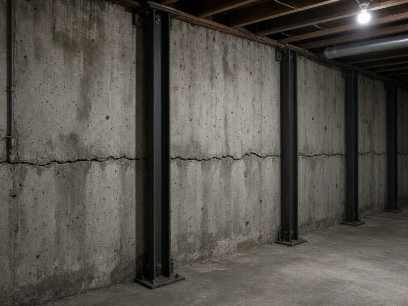 Poured concrete basement wall with a long horizontal crack, reinforced by vertical steel I-beam braces