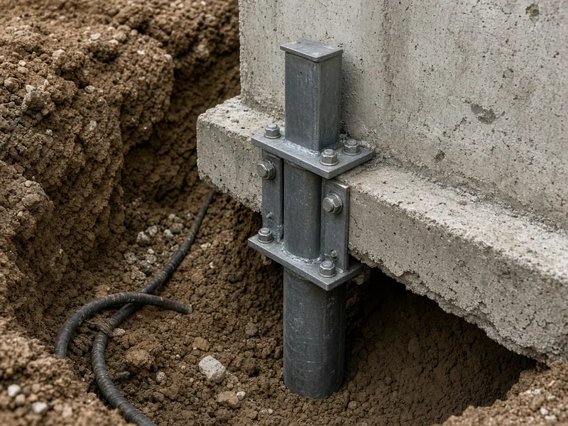 Steel pier bracket attached to a concrete footing in an excavated trench of clay soil