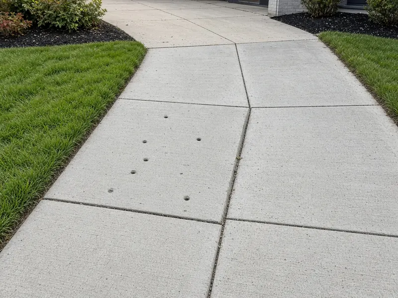 Concrete walkway slabs with small drilled injection holes used in slab leveling